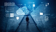 © InfiniteFlow - A business professional climbs stairs against a backdrop of digital cloud data and futuristic graphics, symbolizing growth and innovation in technology and corporate strategies. Cyphers