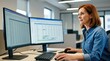 © Pete - Mature woman works in modern office using computer monitors with spreadsheet data. Pro HR specialist processes employee payroll salary information. Focused female employee types on keyboard at