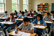 © Pete - Teenage students focus on exam papers at desks in a classroom setting. Diverse group of kids write answers during a test. Education learning at school interior. Young people study.