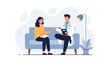 © Sharon - Doctor Consulting Patient on Couch with Stethoscope and Clipboard, Modern Flat Illustration