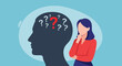 © Sydney - Confused woman, question marks, thinking face, problem solving, puzzled person, blue background, vector illustration, 1 icon
