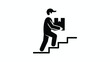 © MuhammadAyaz - Delivery worker icon depicts a stylized person in a cap carrying a cardboard box while climbing up a set of stairs to represent efficient logistics and shipping services within a professional.