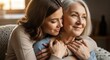 © FATEMA3.0 - Young adult daughter embracing her senior mother at home with daughter