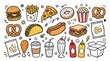 © arina - Hand Drawn Fast Food and Snack Doodle Vector Set. Illustration of Popular Junk Food Items like Burger, Pizza, Fries, Hot Dog, Tacos, Popcorn, and Beverages.