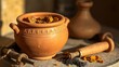© 222 - Ancient terracotta pot containing resin pieces with grinding tools, warm lighting.