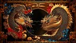 © jobim - Chinese dragon and phoenix fabric print pattern design. gold brown background. sharp focus.