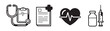 © Labib - Set of medical diagnostic tools including stethoscope clipboard heart rate monitor vial and syringe icon.