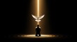 © Ariestia - Spiritual Man Kneeling in Prayer with White Dove and Divine Light Beam in Dark Background, Symbol of Peace and Faith