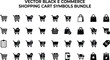 © Malati - Comprehensive set of black e-commerce shopping cart vector icons, including shopping bags, checkout symbols, retail baskets, and digital store elements for professional web design.