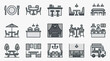 © Tebis - Modern Minimalist Line Icons Set Featuring Dining Cafes Restaurants and Outdoor Eating Scenes in Black and White