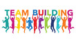 © Adobe - Colorful vector illustration of happy diverse people jumping while holding large bold team building letters