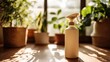 © Nart - A minimal spray bottle sits on a polished wooden floor, bathed in cinematic sunlight. Modern decor with indoor plants and soft shadows create a serene home cleaning scene.