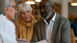 © forenna - Health insurance navigator seated beside a confused senior couple helping them compare coverage plans on printed documents in a community center, benefits counseling, Medicare