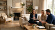 © Rohan Katwe - Insurance advisor discusses home protection options with homeowners inside stylish modern living room, reviewing policy documents in warm daylight, premium residential setting with generous copy space