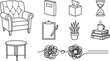 © tofajjol studio - Psychotherapy and Mental Health Counseling Icon Set with Armchair Clipboard Hourglass Tissue Box and Tangled Mind Metaphor Symbols Vector Line Art