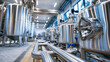 © Kateryna - Bright milk processing plant interior with rows of large stainless steel pasteurization and storage tanks connected by polished pipes clean empty industrial hall milk processing