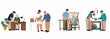 © Sri - Illustration set of elderly people receiving legal assistance and help with document signing from young volunteers or professionals in various settings.