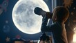 © suyu - Curious boy using telescope in bedroom at night exploring moon surface and galaxy with stars, planets, rocket decorations, inspiring childhood astronomy, space discovery and stargazing dreams
