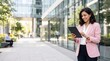 © MOH - Latin Hispanic mature adult professional business woman looking at online trade app. European businesswoman CEO holding digital tablet using fintech tab application standing at workplace in office.