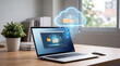 © kiatipol - Cloud computing data transfer laptop cloud file folder network storage upload download synchronization digital technology internet data computing server backup online wireless office desk