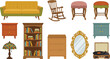 © MD - Vintage and Retro Style Living Room Furniture Vector Set with Tufted Sofa, Wooden Rocking Chair, Bookshelf, Ornate Mirror, and Vinyl Record Player