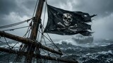 Tattered pirate flag with skull and crossbones flying on a ship mast during a stormy sea