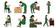 © Sego - Professional female watchmaker character set repairing, inspecting, and cleaning mechanical wristwatches, horology artisan in green jumpsuit flat illustration.