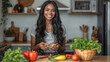 © polack - Portrait of happy black woman in kitchen with fresh vegetables on counter. Nourishment for good diet
