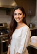 © Pixel-Shot - Smiling young woman with hoop earrings in kitchen