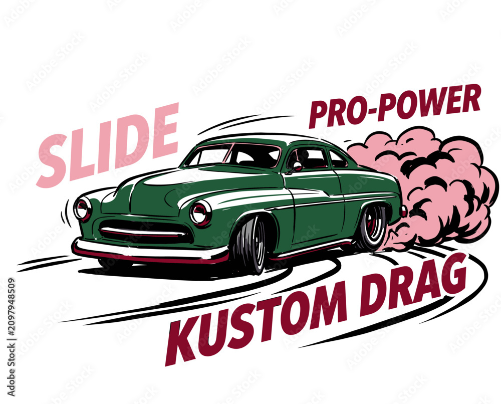 Vintage green custom car drifting with pink smoke. Kustom drag racing ...