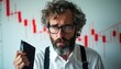 © miss irine - Man with wallet looks at red stock market chart. His face shows worry and confusion over financial loss. Downward trend graph indicates recession.