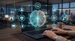 © Zaldy - Artificial intelligence brain hologram over laptop representing machine learning software and cognitive computing integration in modern business operations