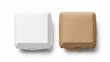 © DEXTEROUA - Blank craft and white burger box mockup png, transparent background, 3d rendering. Empty fast food package mock up cut out. Clear portable carton container for cheeseburger or chicken wings template.