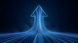 © Samudra_png - Glowing blue neon lines converging and merging into a single bright upward arrow representing technological progress and business growth