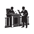 © Majeed - Lawyer silhouette presenting case to judge in courtroom, legal trial scene vector, attorney arguing before judicial bench with gavel
