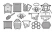 © RANA - Beekeeping equipment icons collection featuring beehive frame and protective suit outline.