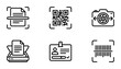 © Sadia - Scanning Icons Set: Document Scanner, QR Code, Camera Scan, Printer, ID Card, Barcode Reader. Digital Data Capture & Identification Vector Graphics.