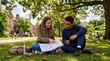 © CREATIVE SITE - Students sitting on a grassy lawn under a large tree sharing notes and studying together on a sunny day with other students walking and sitting in the background on a university campus with notebook