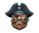 Fierce pirate captain with eye patch and beard, angry expression, skull and crossbones hat