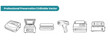 © Fernando - Vacuum sealer packaging machine vector icon set for food preservation featuring commercial kitchen chamber sealer, impulse heat sealer, shrink wrap gun, and professional packaging equipment line-art.
