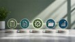 © M@rketVisualsStudio - Business workflow process connected timeline with checklist document gear folder and growth chart icons representing project management steps