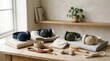 © Hamster - Dog ear covers on wooden table with accessories. Cloth earmuffs for pets to protect from loud noise and wind. Warm winter clothing and grooming supplies for dog care and comfort.