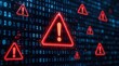 © TransPicHub - Digital warning symbols with exclamation marks overlaying binary code, representing cybersecurity threats or system errors.
