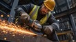 © Rhony - Construction worker wearing safety uniform uses handheld grinder, with sparks flying in industrial setting.