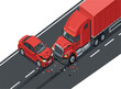 © Junayed - Car and semi truck accident isometric vector illustration, road crash collision scene with automobile debris background