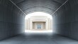© Kuma - A minimalist, covered gray corridor connects a bright, square structure to a circular entrance, clean architectural lines.