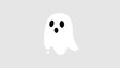 © Zia - Floating white cartoon ghost with big black eyes and an open mouth looks surprised on a solid grey background.