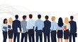 © Md Sorif - Group of diverse business professionals seen from behind looks towards a screen with abstract analytical lines.