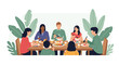© Md Sorif - Big happy family sitting at a dining table together and enjoying a delicious homemade dinner in a green tropical room.