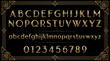 © Konstantin Sigaev - Luxury gold Art Deco Gatsby font vector set featuring uppercase and lowercase letters, numbers, and an ornate geometric border frame for vintage elegant 1920s logo design.